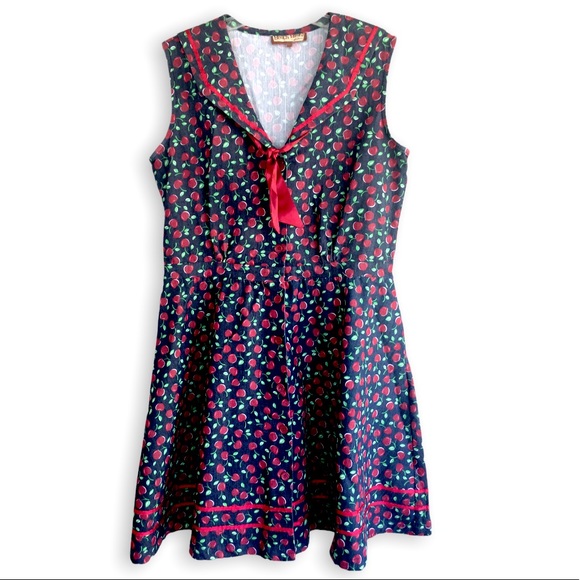 TATYANA BEACH BASH Cherry Print Denim Sailor Style Dress w/Red Trim - Picture 2 of 6